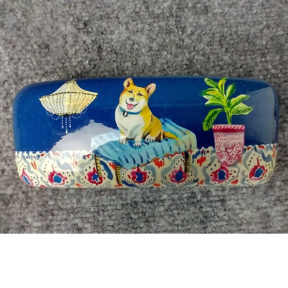 Punch Studio Corgi Dog Hard Shell Eyeglass Case Blue Pink Whimsical Illustration